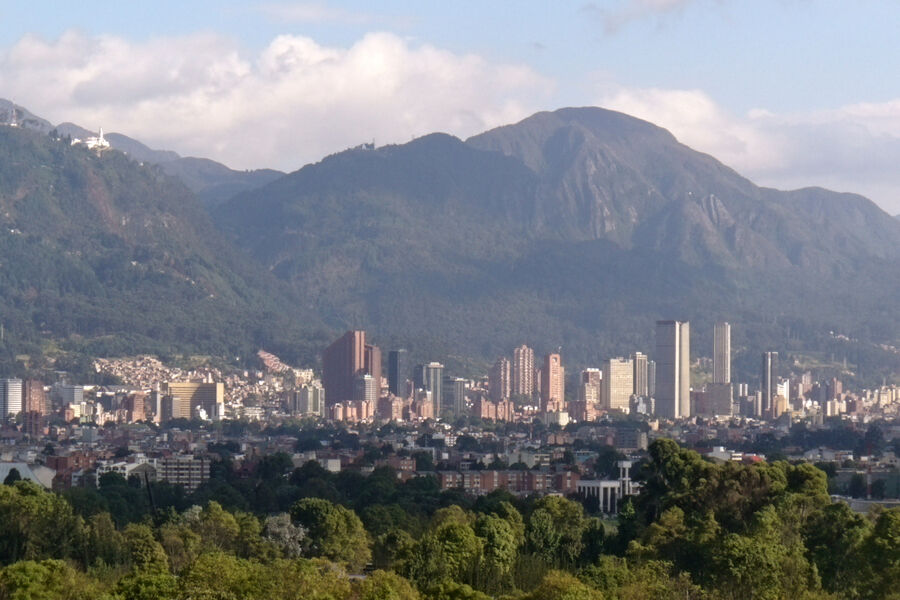 Bogotá's skyline against the Cerros Orientales, with the sanctuary of Monserrate visible on the hilltop