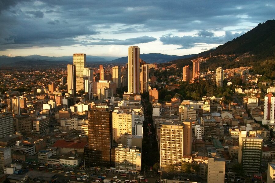 Bogotá's skyline at sunset, with the Centro Internacional towers and the eastern hills